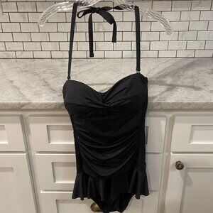 Lauren Ralph Lauren Swimsuit Womens 8 Black One Piece Skirted Halter Ruched
